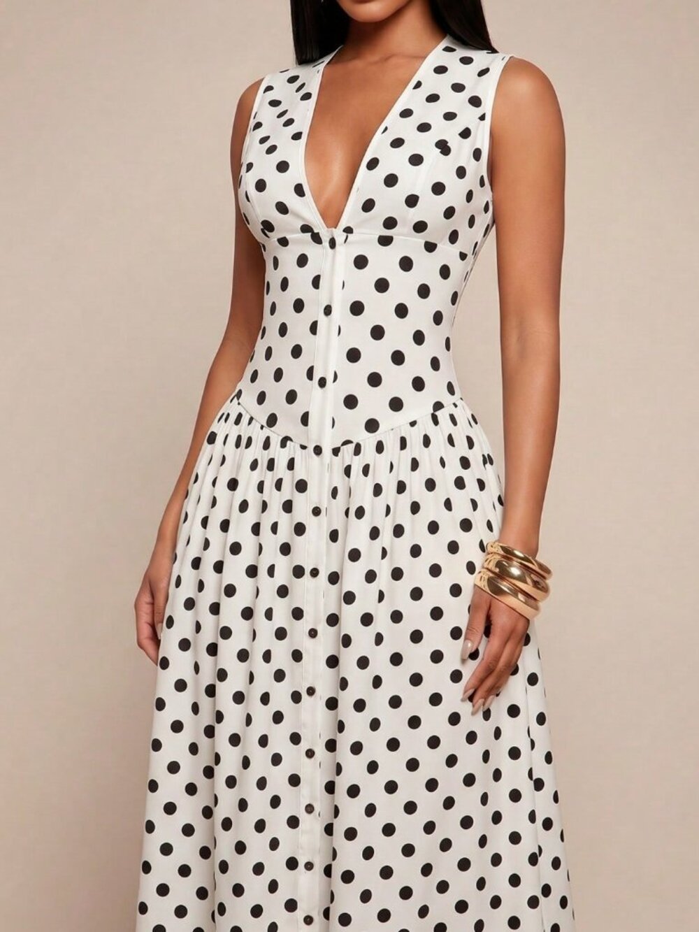 Black and White Minimalist Women's V-Neck Sleeveless Button-Front Shirtdress - Picture 6 of 6
